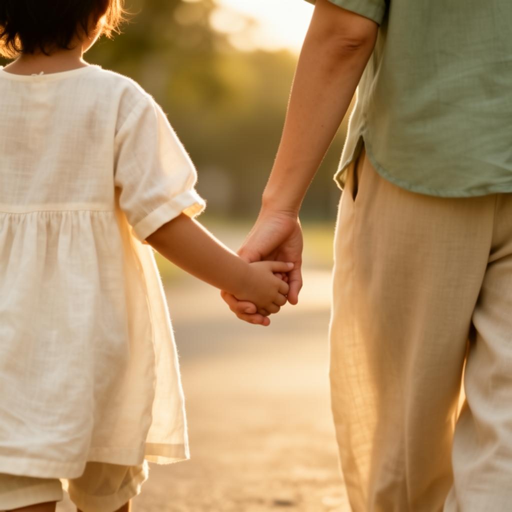 A parent walking hand-in-hand with their child at golden hour